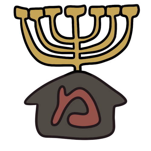 a gold temple menorah above a gray house with a red hebrew letter mem on it